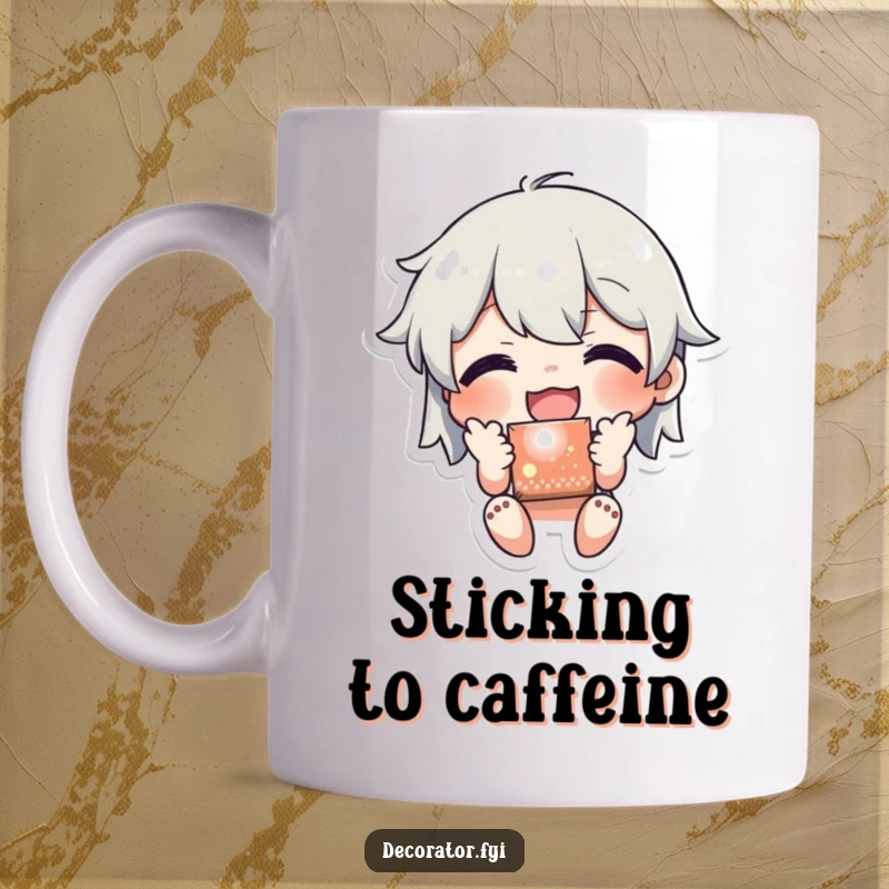 Funny mug showing a character joyfully applying a shiny sticker to a surface, capturing a humorous moment of happy self-expression.