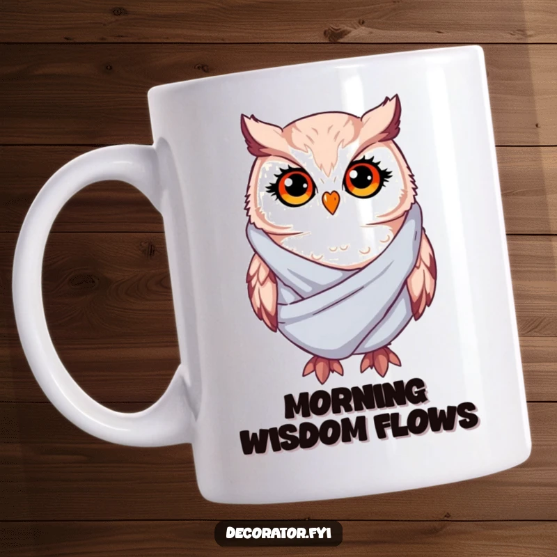 Funny Mug: A whimsical owl with twinkling eyes playfully drapes soft fabric, exuding warmth and humor.