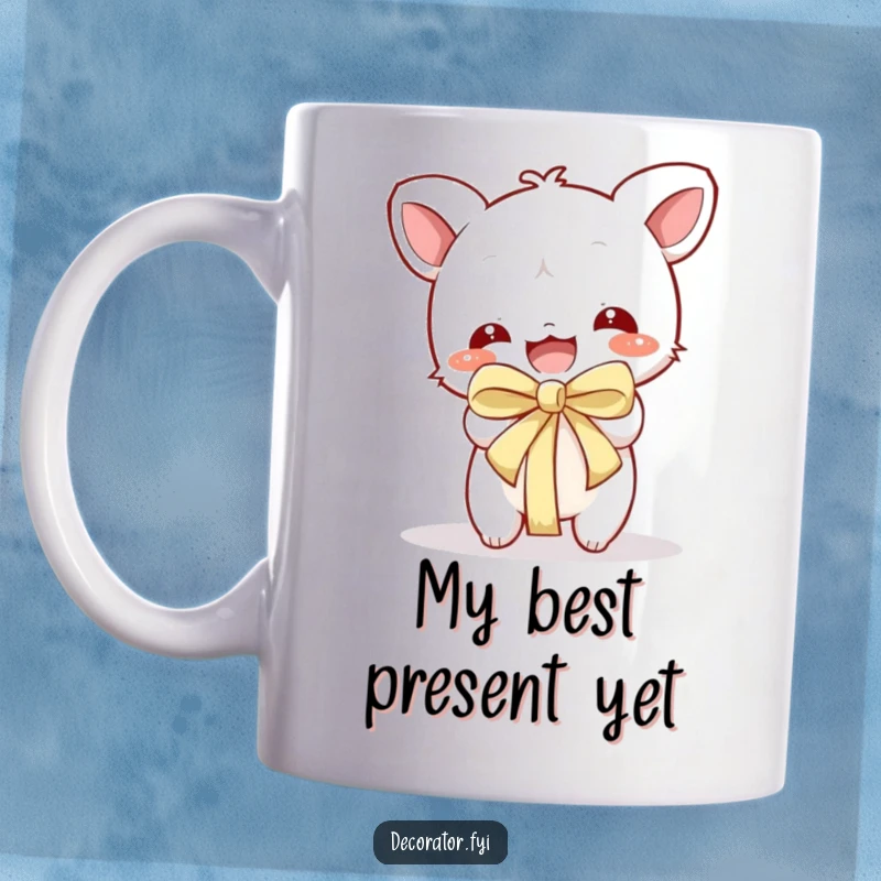 Funny Mug: Playful character jumping with joy as they excitedly unwrap a gift with a big red ribbon.