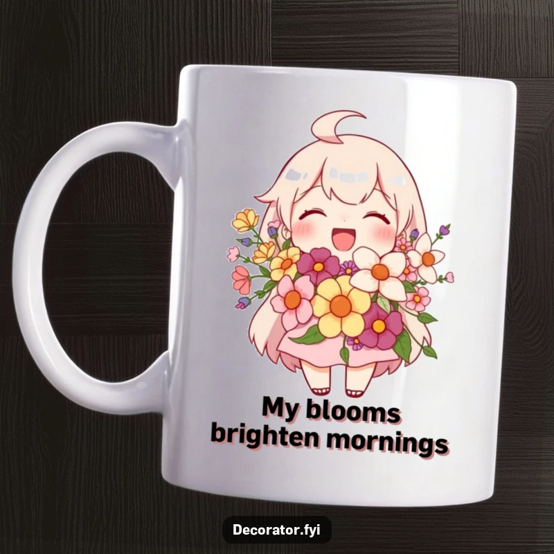 Funny mug featuring a joyful character proudly displaying a beautiful floral arrangement, radiating happiness and floral charm.