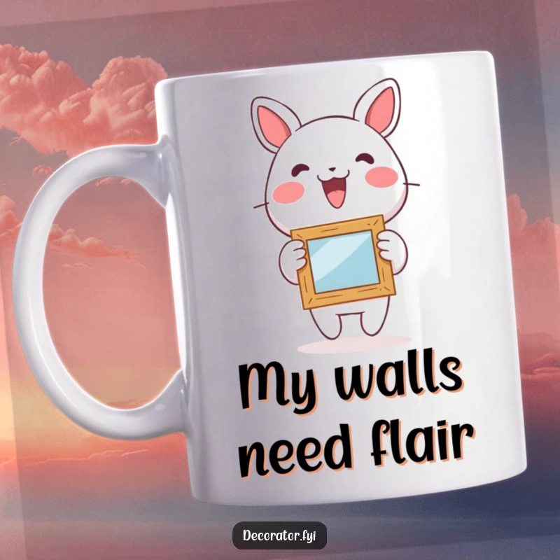 Funny mug showing a lively character joyfully hanging a small, whimsical picture frame, radiating excitement and artistic flair.