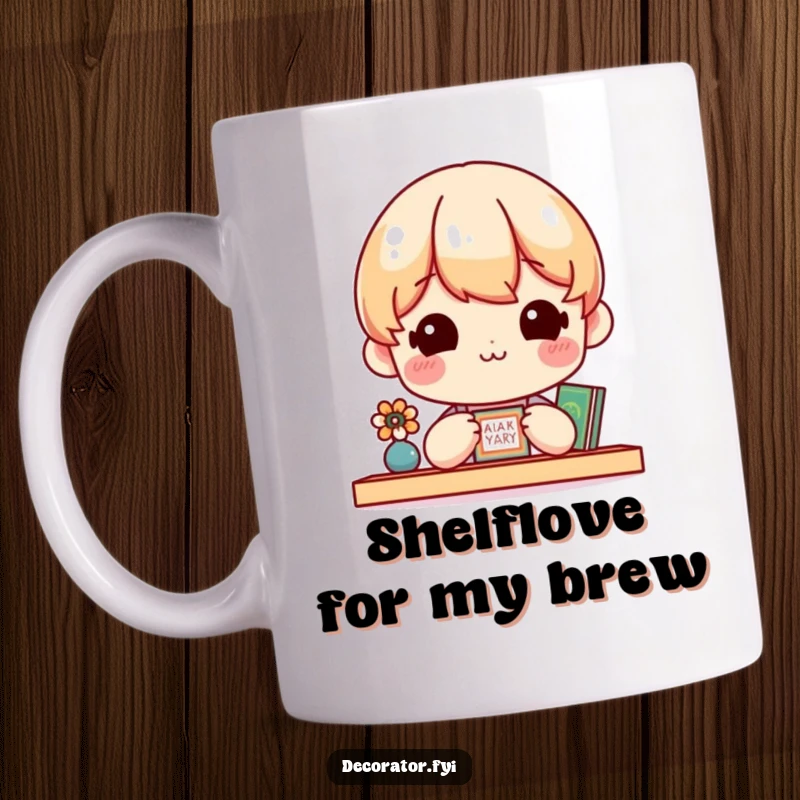 Funny Mug showcasing a beaming character joyfully admiring a meticulously arranged, small, and beautifully decorated shelf.