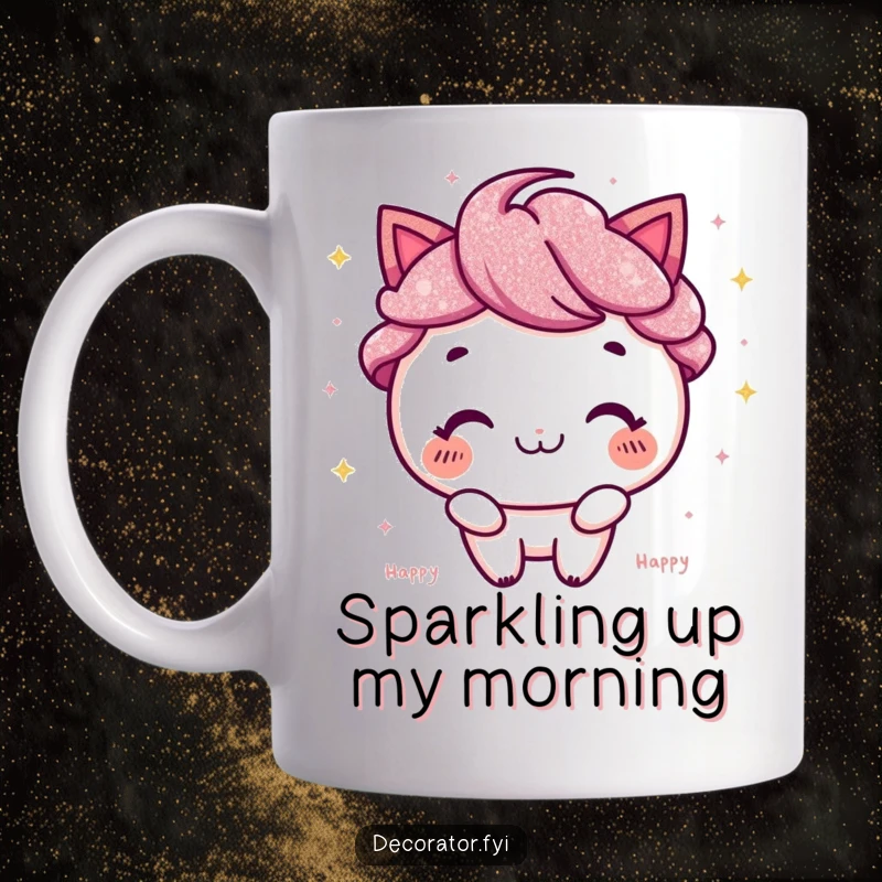 Funny Mug: Happy character with a wide smile, joyfully sprinkling iridescent glitter everywhere.