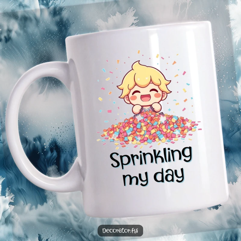 Funny character with a wide, gleeful grin, arranging a pile of shimmering confetti, embodying pure celebration and happiness, a humorous gift.