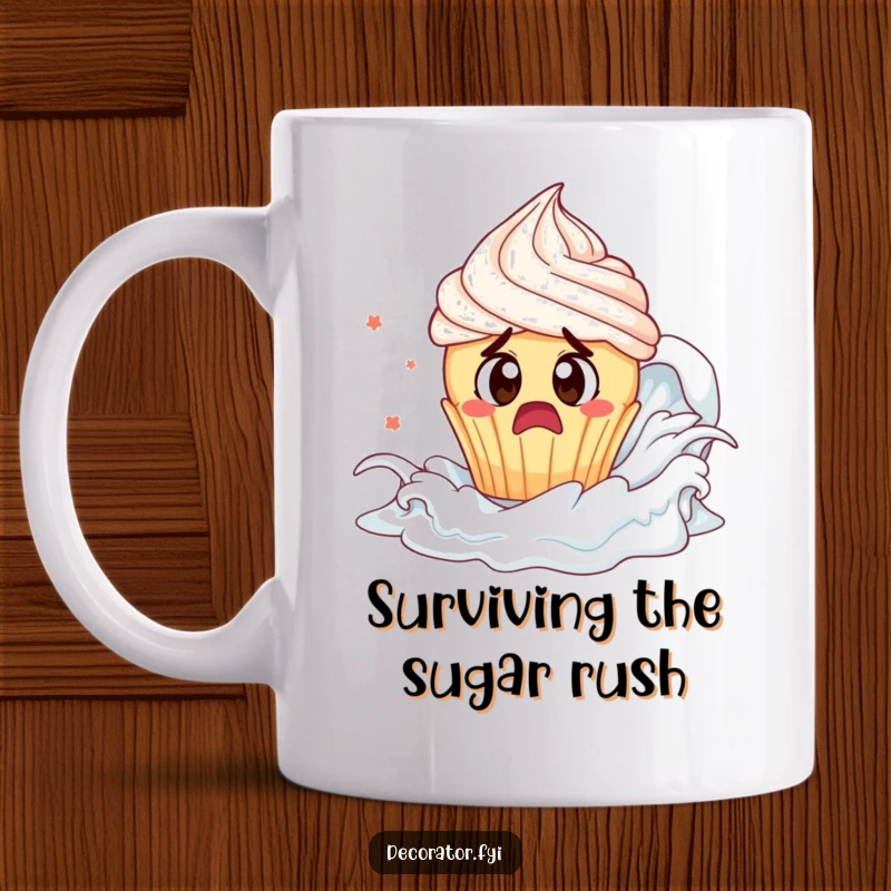 Funny cupcake mug: a startled cupcake with wide eyes tries to escape a massive, engulfing wave of frosting.