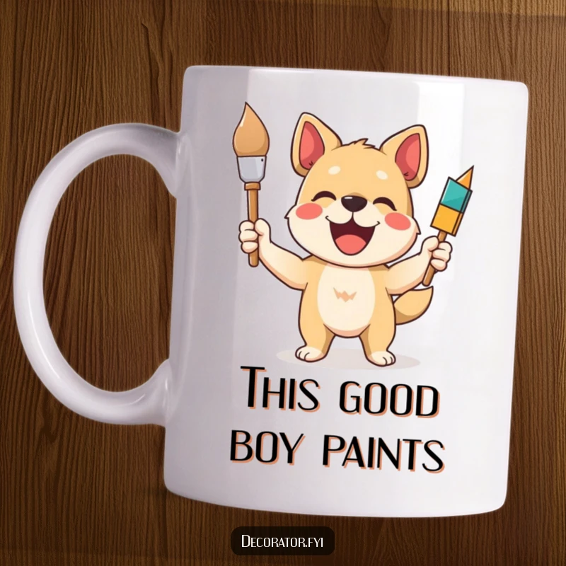 Funny dog mug featuring a delighted cartoon dog holding a paintbrush triumphantly, symbolizing artistic accomplishment and furry creativity.