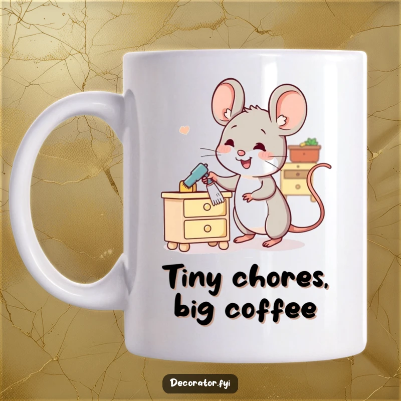 Funny mug showing a cheerful mouse character diligently dusting a tiny piece of furniture with a feather duster.