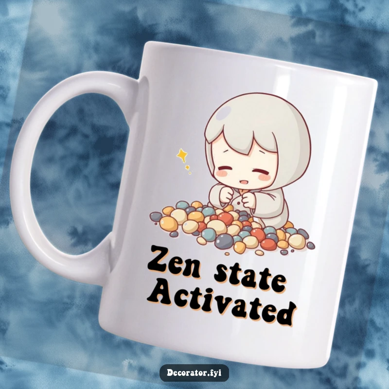 Funny mug featuring a content character humming while meticulously arranging tiny decorative stones, conveying peaceful focus and zen.