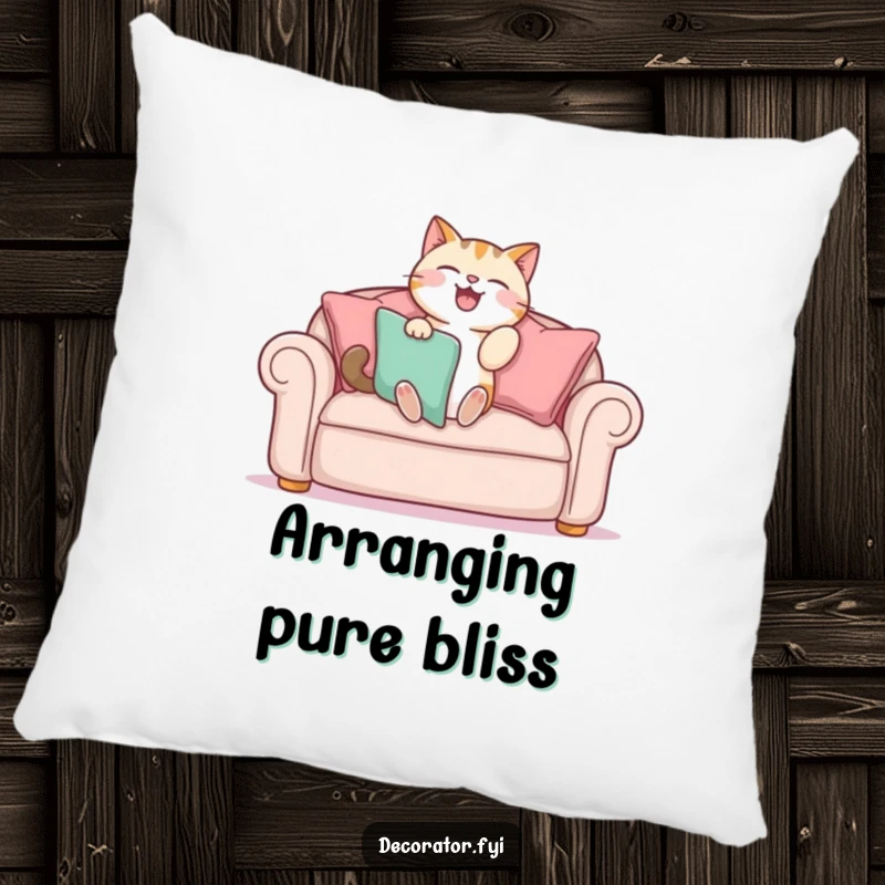 Funny pillow with a cat gleefully arranging sofa cushions, offering a humorous and comfortable decorative accent for any room.
