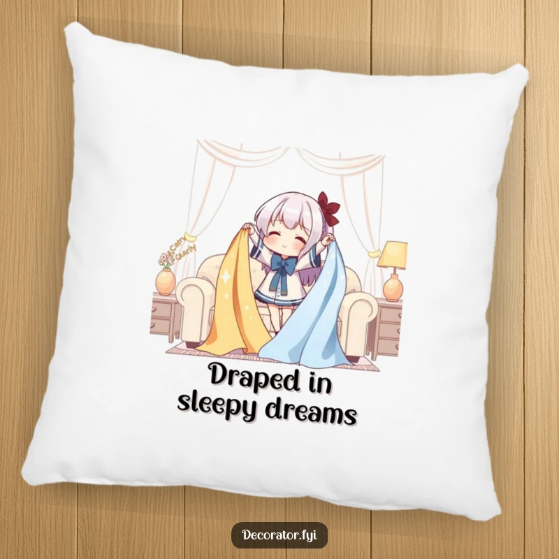 Funny Pillow: A character gleefully drapes shimmering fabric over furniture, adding a touch of whimsy.