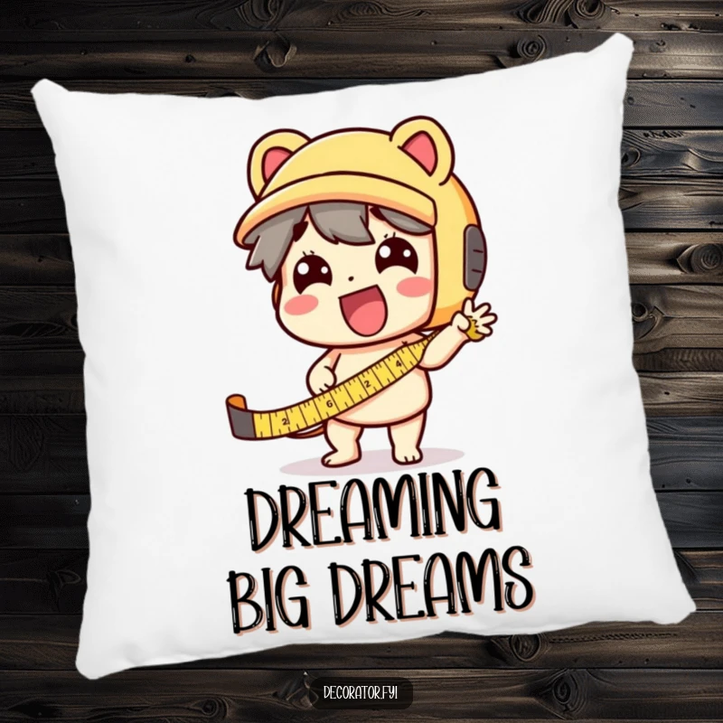Funny Pillow: A delighted character holding a tape measure with exaggerated excitement, perfect for relaxation.