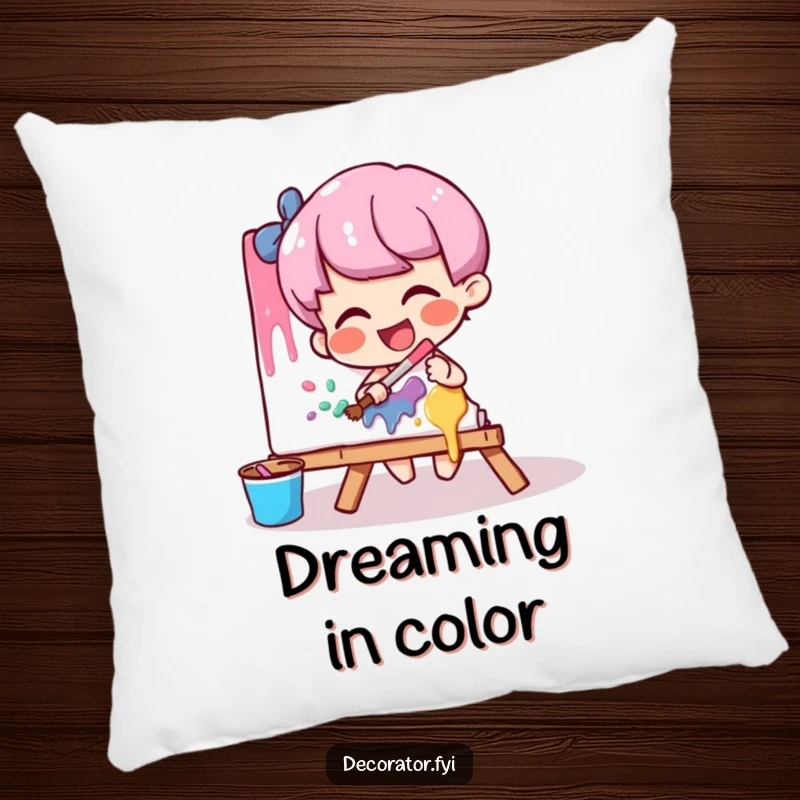 Funny artist pillow with a giggling character playfully smearing paint onto a canvas, adding comfort and artistic flair.