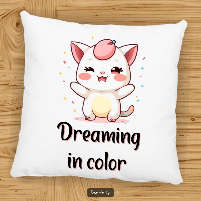 Funny pillow featuring a mischievous character playfully adding a whimsical touch with confetti, adding a humorous touch of festivity to any cozy setting.