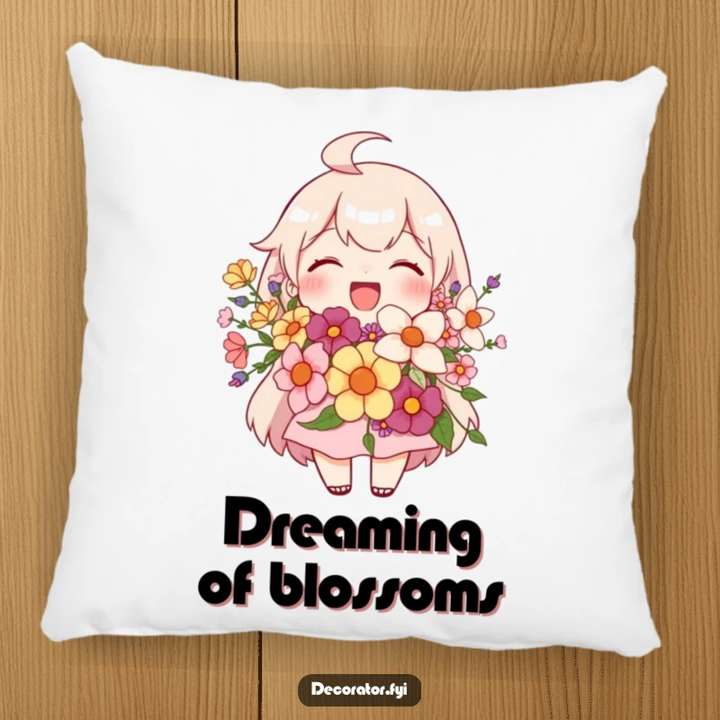Funny pillow featuring a joyful character proudly showcasing a beautiful floral arrangement, offering cozy comfort and floral delight.