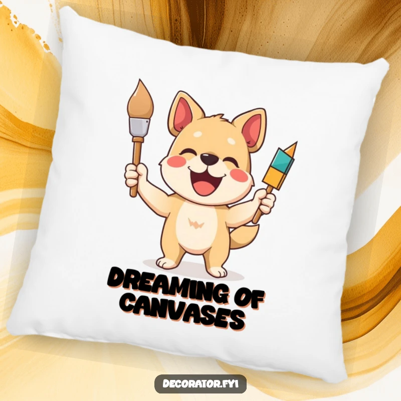Funny dog pillow with a delighted dog character holding a paintbrush, adding a touch of artistic humor and comfort to any room.
