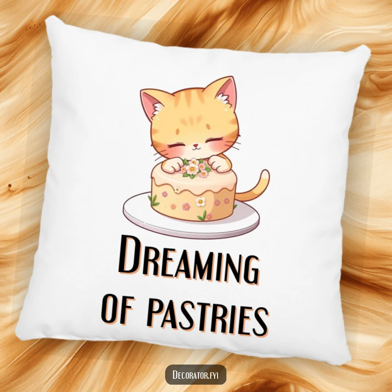 Funny cat decorates a small cake with tiny flowers, bringing cozy sweetness to a funny pillow.