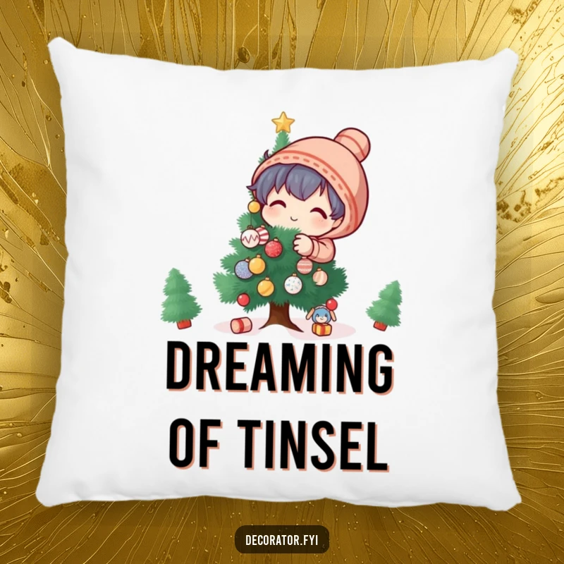 Funny Pillow: A playful character happily decorates a small tree with countless tiny, shimmering ornaments.