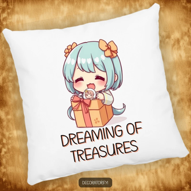 Funny pillow featuring a character excitedly unwrapping a delicate, decorative figurine, adding a humorous touch of collecting bliss to any cozy setting.