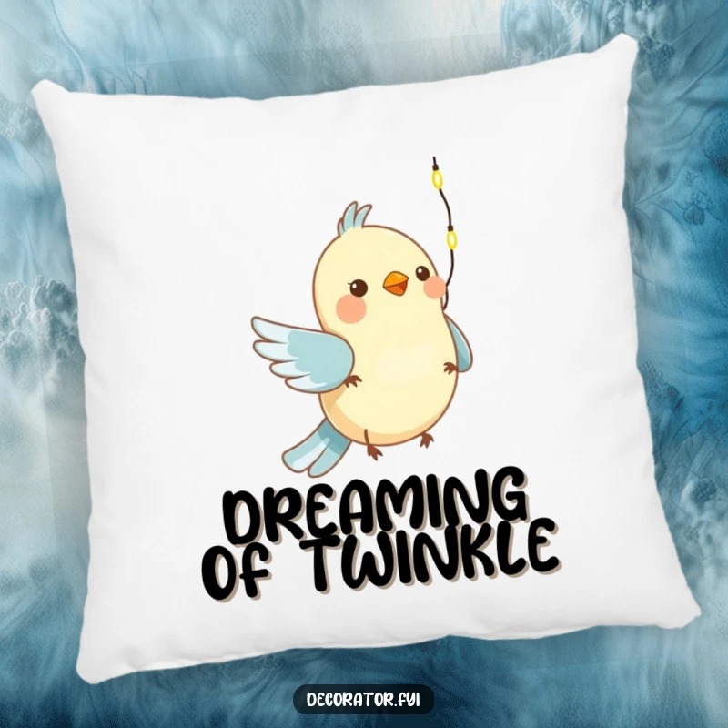 Funny pillow showcasing a cute bird enthusiastically hanging a small string of glowing lights, perfect for holiday comfort.