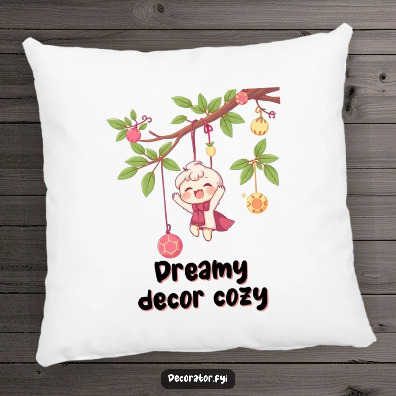 Funny pillow featuring a delighted character happily hanging whimsical decorations from a branch, bringing whimsical charm and comfort.