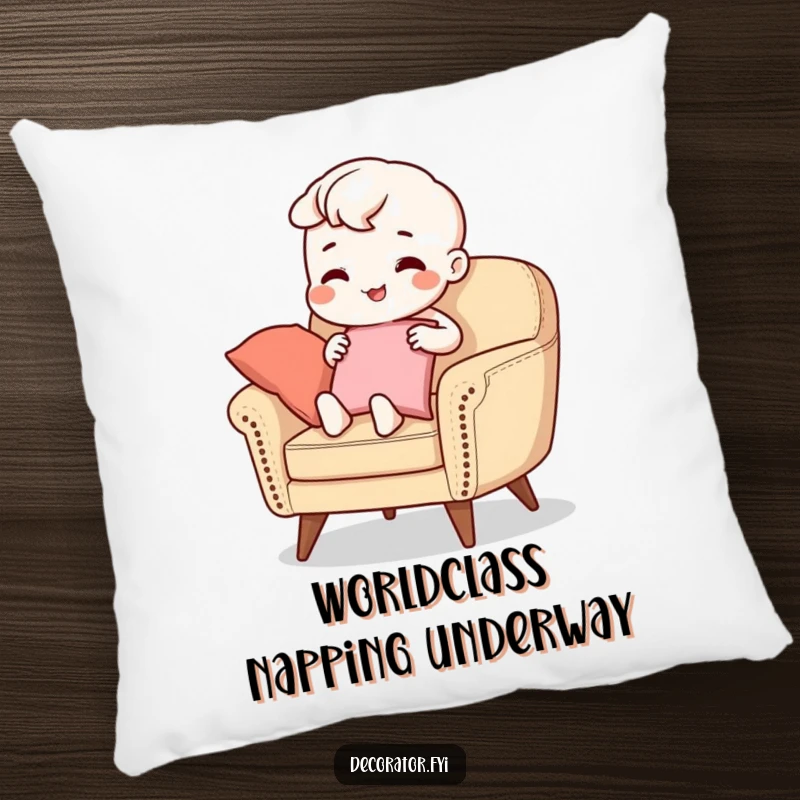 Funny Pillow: A beaming character is captured in the act of placing cushions on a stylish armchair, adding humor and charm to any decor.