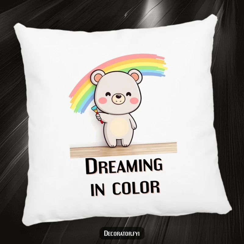 Funny happy bear character painting a rainbow with a brush and a smile, featured on a comfortable and humorous pillow.