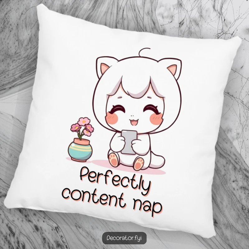 Funny decor pillow with a contented character happily admiring a perfectly placed accent piece, adding comfort and style.