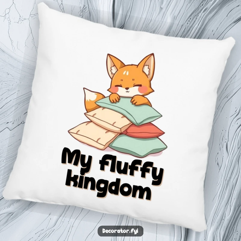 Funny mischievous fox character winking while arranging cushions, creating a cozy and humorous pillow design.
