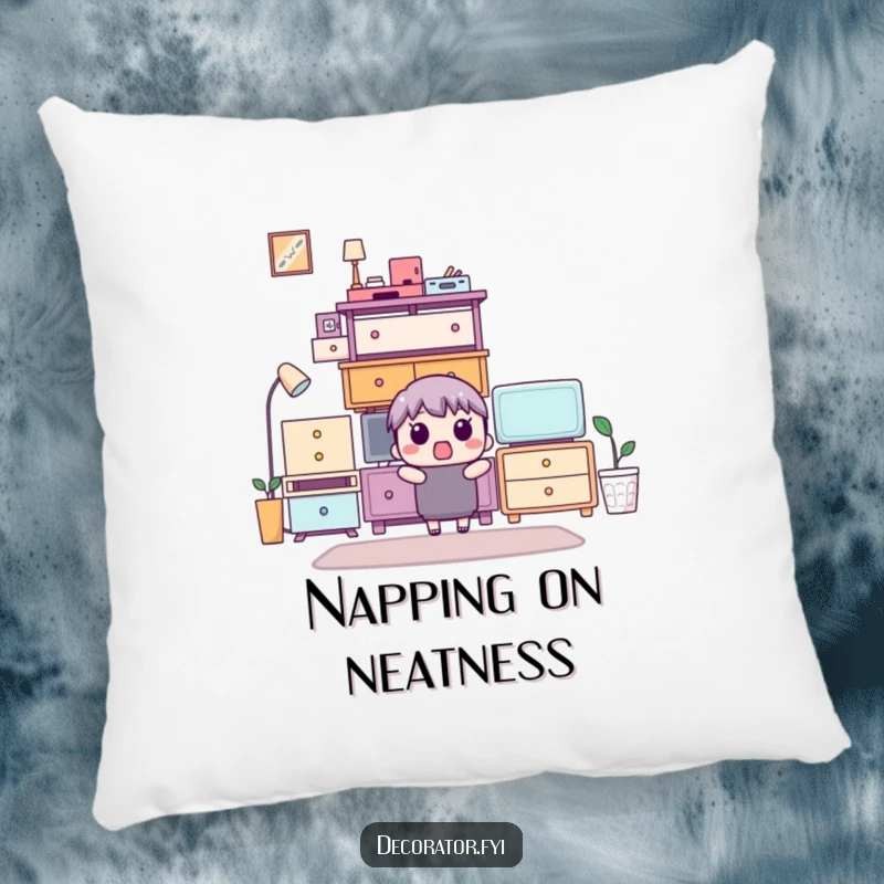 Funny pillow featuring a surprised character looking at a perfectly arranged furniture stack, adding humor and comfort.