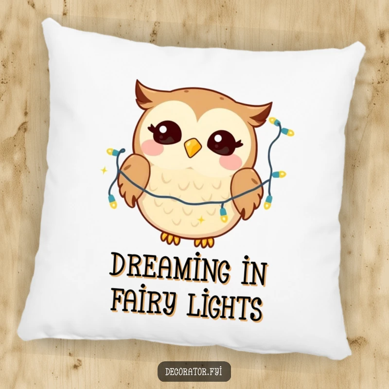Funny pillow with a giggling owl character gleefully draping twinkling lights, offering cozy and humorous decor.