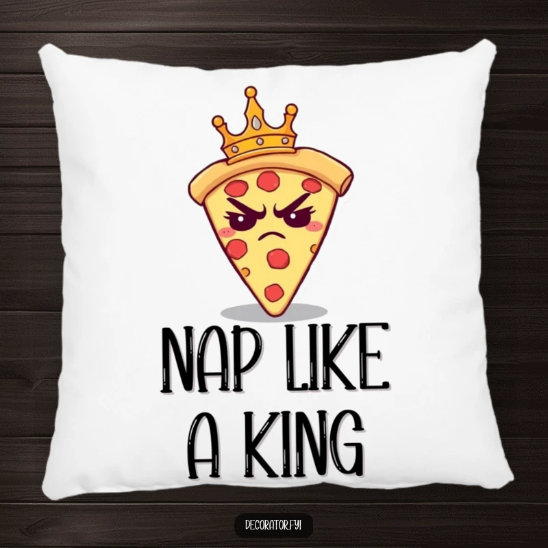 Funny pillow with a grumpy pizza slice wearing a tiny crown, looking annoyed. Cozy and hilarious decor.