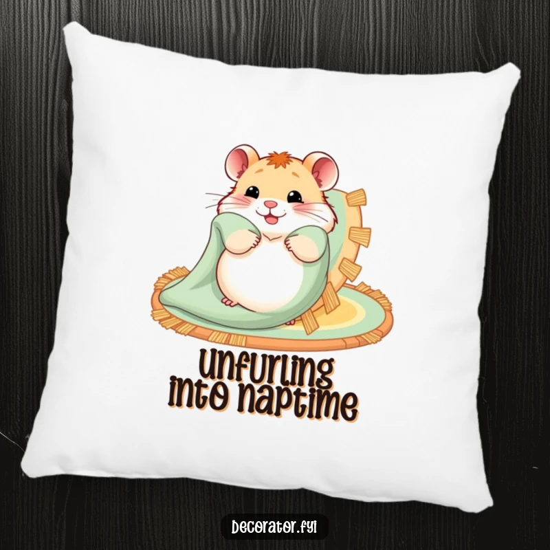 Funny pillow with a depiction of a hamster happily unfurling a patterned rug, bringing a sense of cozy contentment.