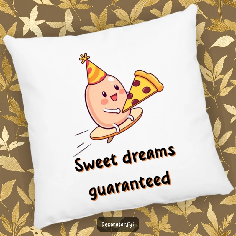 Funny Pillow: A wobbly jelly bean in a party hat smiles while riding a flying pizza slice, offering cozy charm.