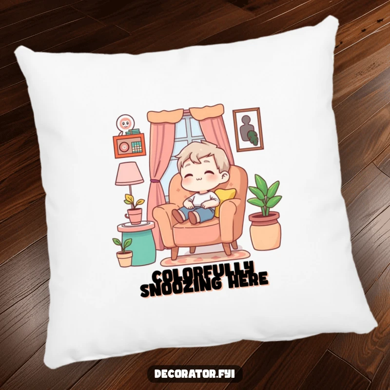 Funny Pillow featuring a content character relaxing peacefully in an armchair, surrounded by cheerful, colorful home decorations.