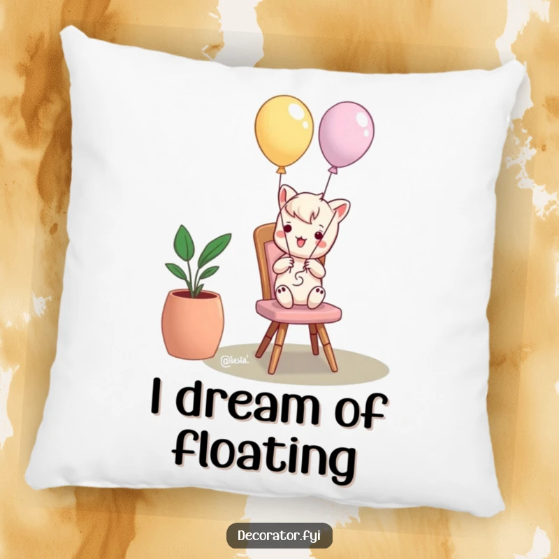 Funny pillow illustrating a mischievous character tying balloons to a chair, providing cozy comfort and a touch of humor.