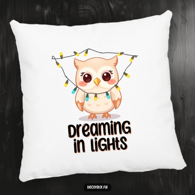 Funny owl pillow, a giggling character gleefully draping twinkling lights, offering cozy comfort and humorous festive decor.
