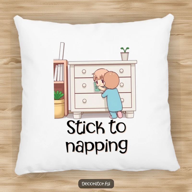 Funny pillow showing a determined character concentrating on applying a sticker to furniture, offering a cozy and humorous touch to any room.
