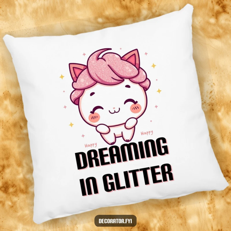 Funny Pillow: Character with a joyful expression, sprinkling a cascade of glitter.
