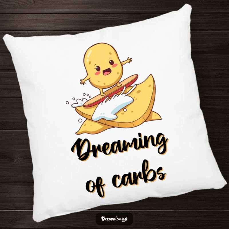Funny pillow showing a determined potato surfing on a giant potato chip. Cozy and humorous comfort.