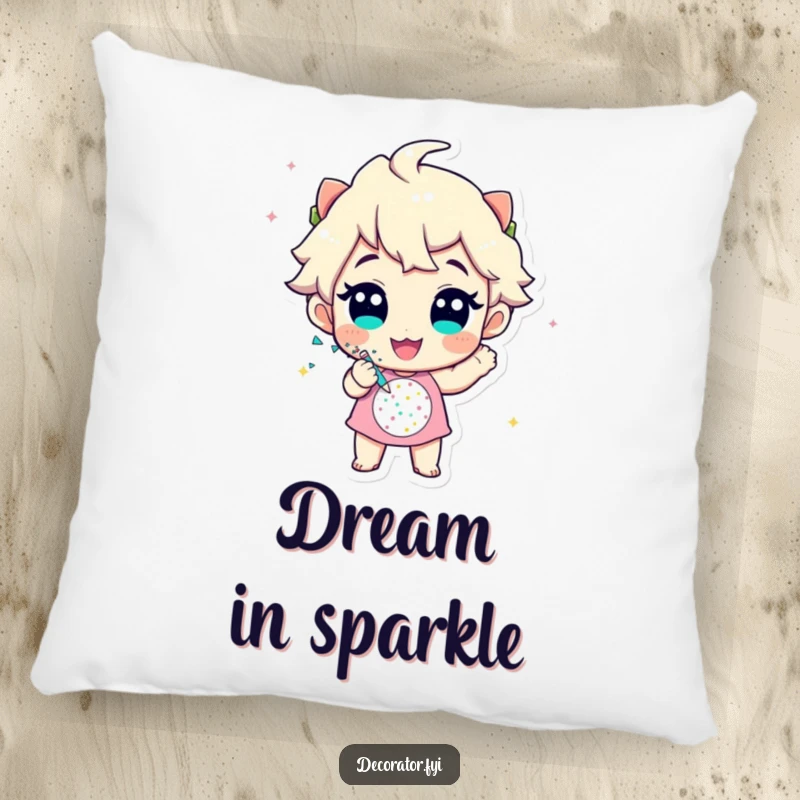 Funny pillow featuring a cheerful character enthusiastically applying glitter to a festive design, adding a touch of sparkle and fun.