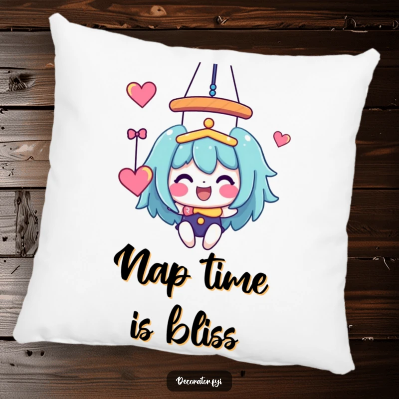 Funny Pillow: A joyful character mid-action, hanging a whimsical, colorful mobile, bringing comfort and art.