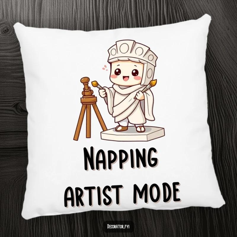 Funny pillow showing a mischievous character pretending to be a statue holding a tiny paintbrush, offering comfort and wit.