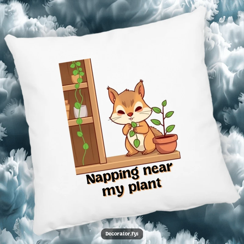 Funny pillow with a plush texture, showing a determined squirrel character placing a tiny plant on a shelf, perfect for relaxation.
