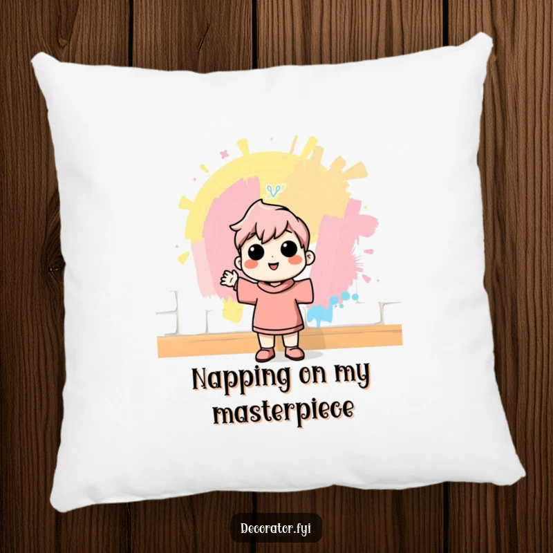Funny pillow featuring a cheerful character admiring a freshly painted wall with pride, adding a humorous touch of accomplishment to any cozy setting.