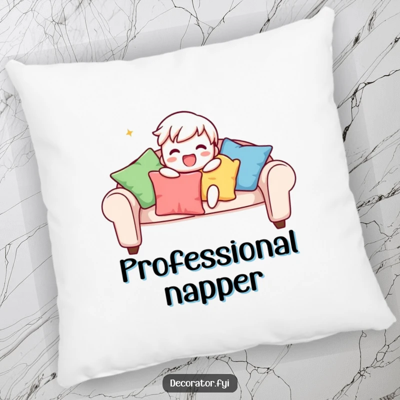 Funny pillow featuring a playful character gleefully arranging colourful cushions on a sofa, promising comfort and a splash of vibrant humor.