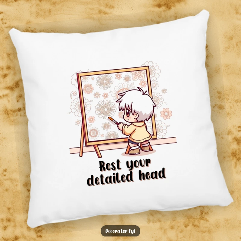 Funny pillow featuring a determined character meticulously painting intricate patterns onto a wall, bringing artistic focus and comfort.