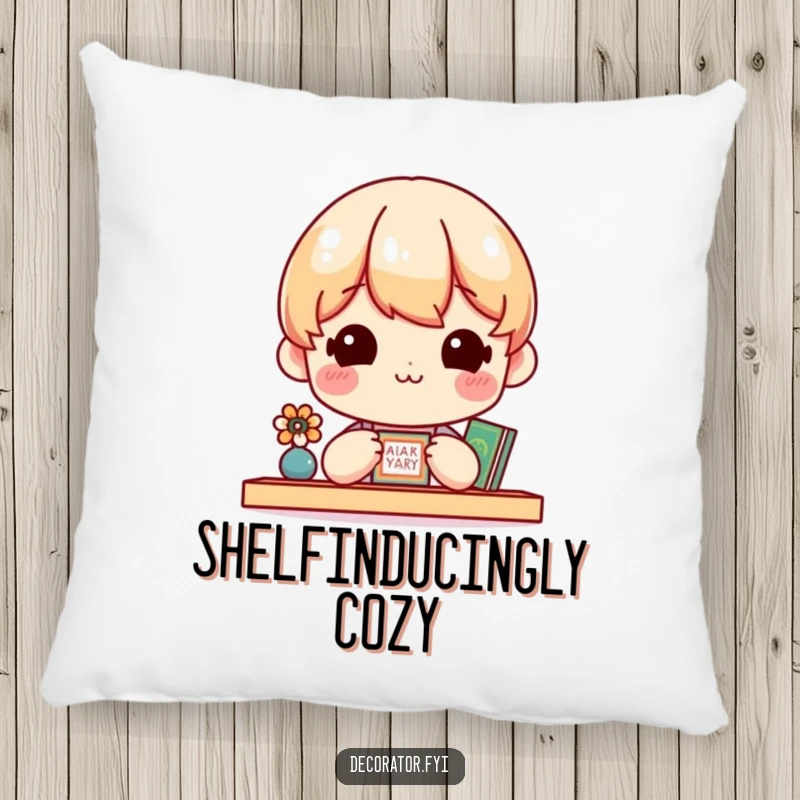 Funny Pillow featuring a happy character admiring a small, perfectly curated shelf, adding comfort and humor to any room.