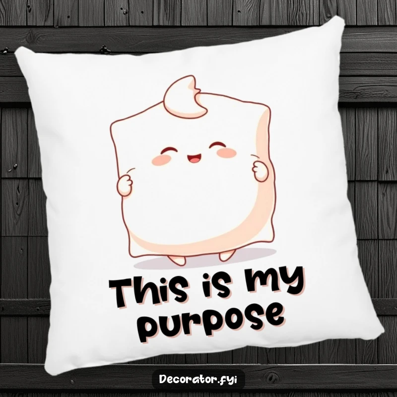 Funny pillow featuring a jubilant character enthusiastically fluffing a giant pillow with both hands, promising maximum comfort and happiness.