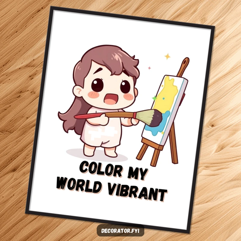 Funny Digital Art Print: Surprised character joyfully paints a splash of color with a giant paintbrush, high resolution.