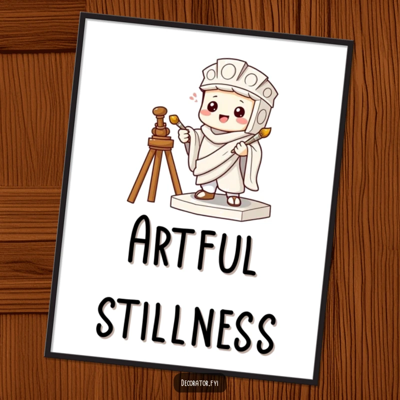 Funny digital art print of a mischievous character pretending to be a statue holding a tiny paintbrush, embodying playful humor.